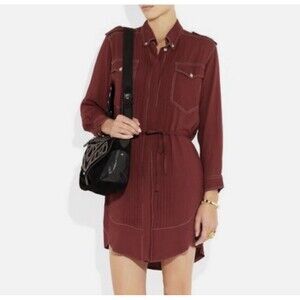 Isabel Marant Etoile GALISE Shirt Dress Burgandy Red Pleated Utility FR 34 US 2